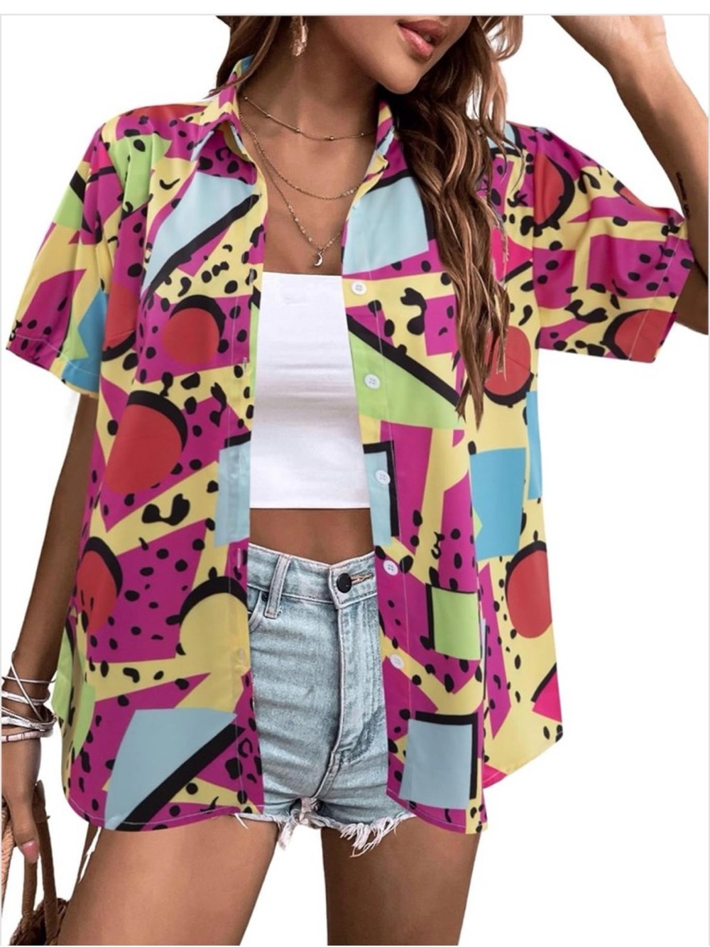 New - Bold Geo Print Short Sleeve Button-Up Shirt - Multi